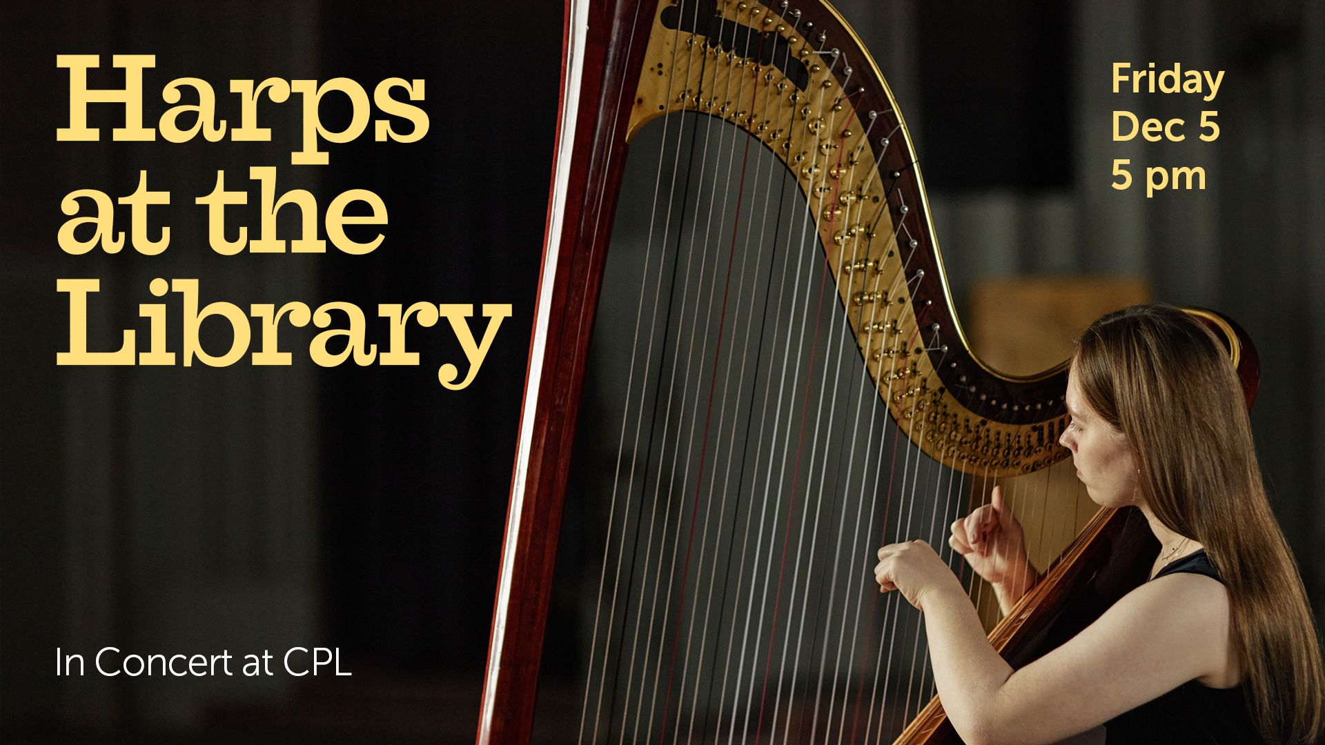 harpist playing harp with event information text