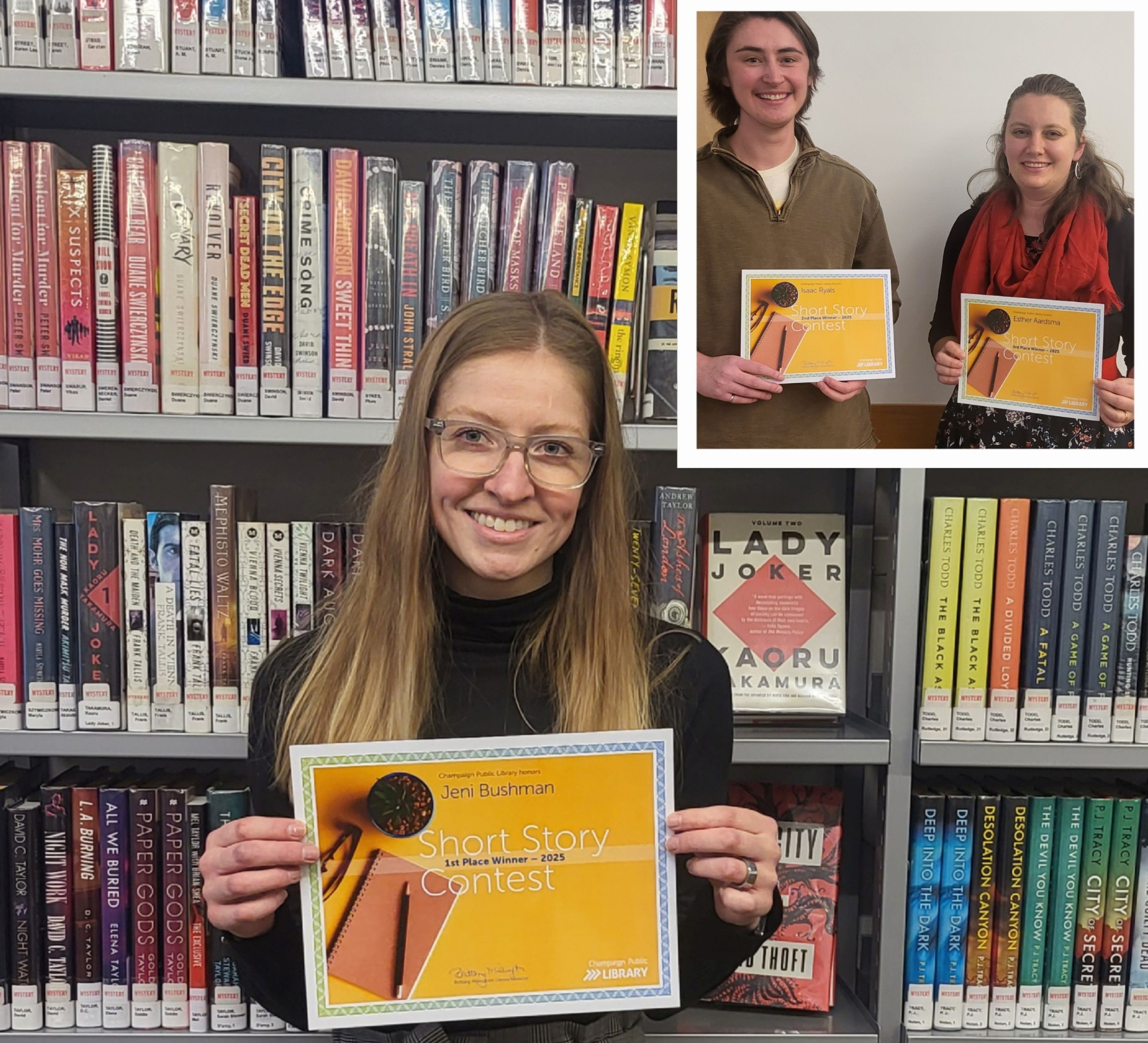 3 winning authors smiling, at library ceremony