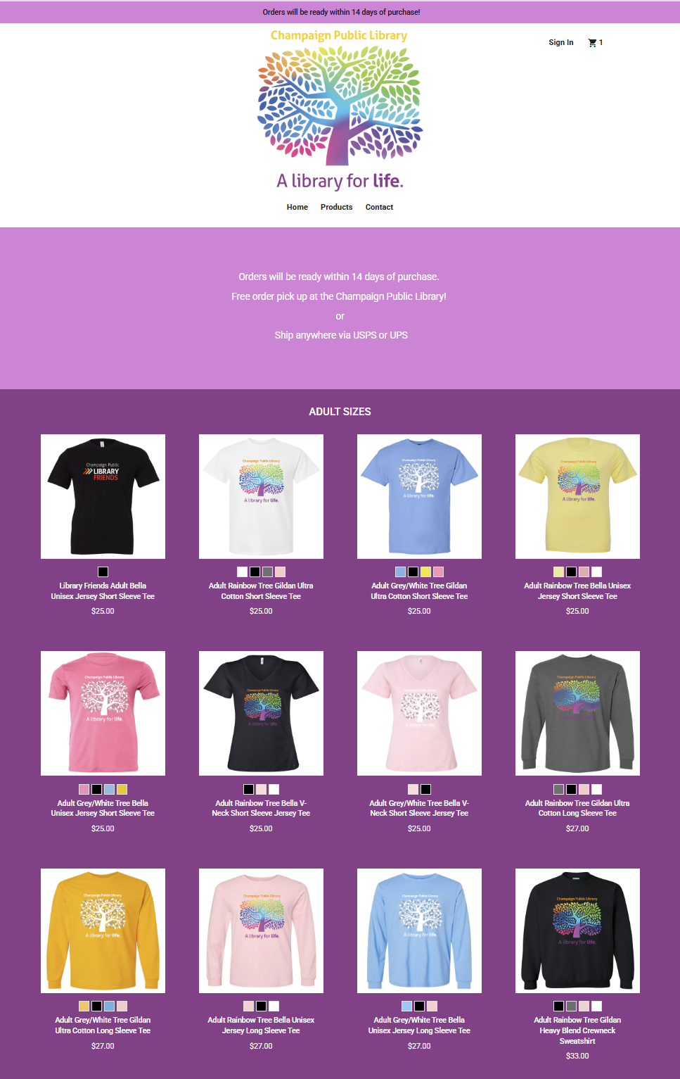 Online shop with Tshirt options and pricing listed.