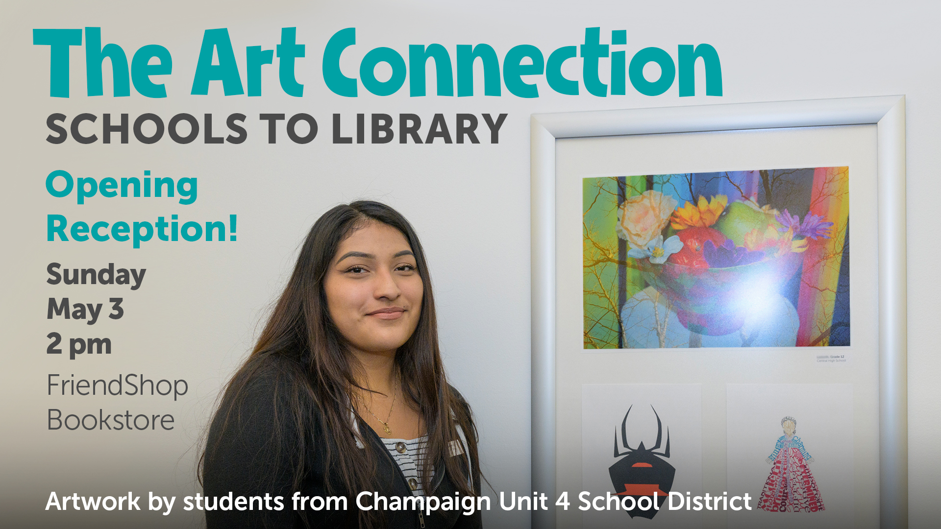 student standing next to artwork