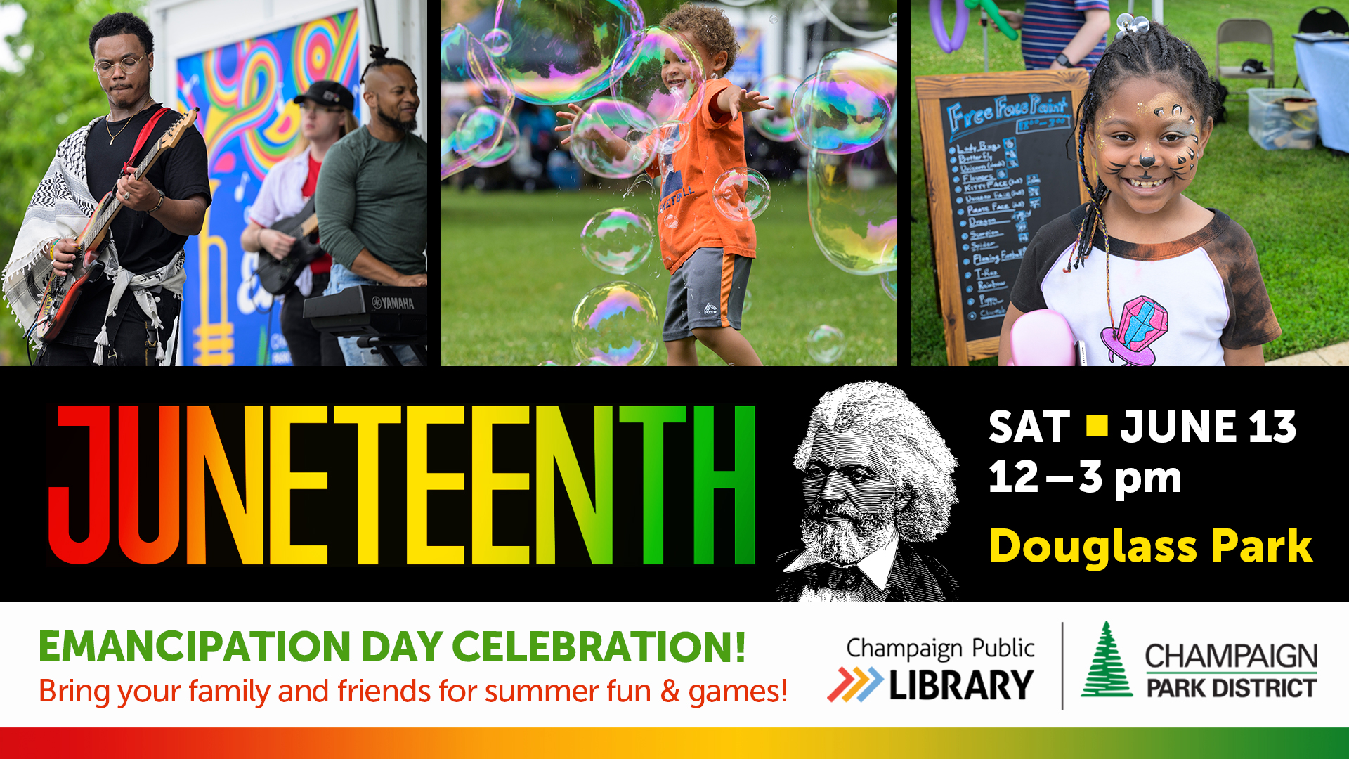three images of artists performing, child playing with bubbles, child with their face painted 