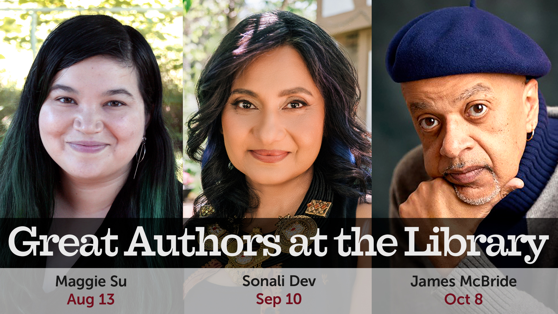 headshots of three authors, Maggie Su, Sonali Dev, and James McBride