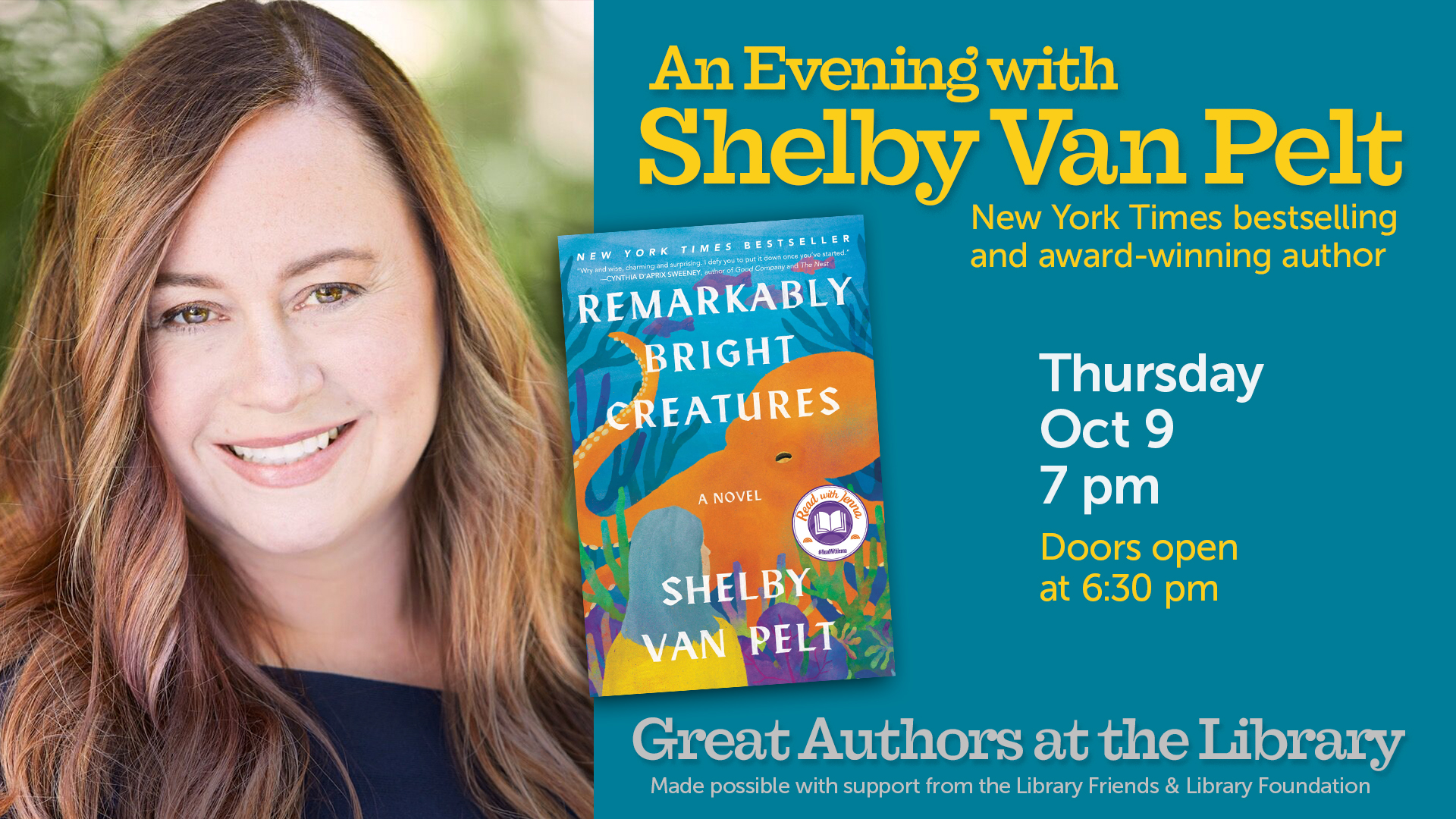 portrait of a woman with book and event information text