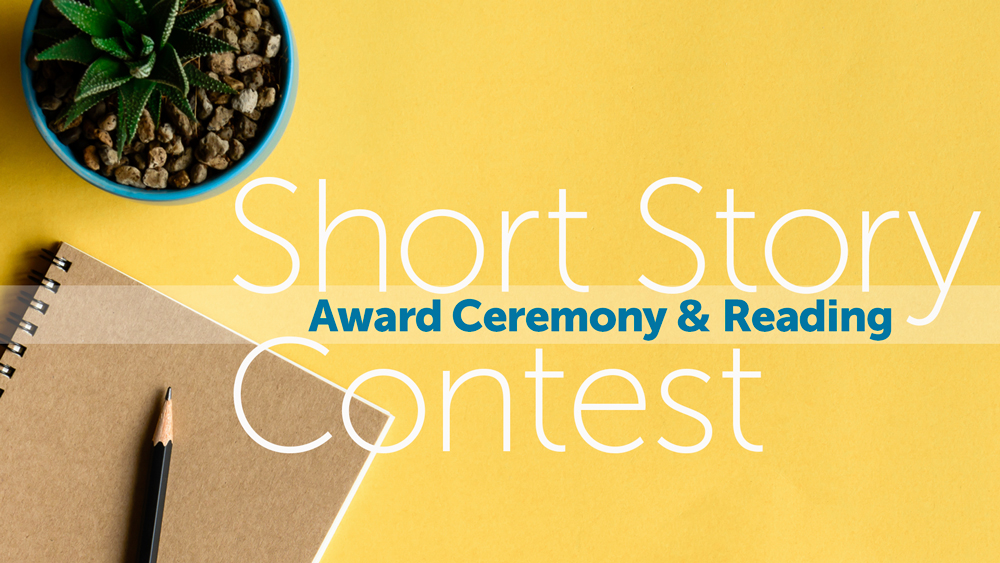 notebook, pencil, glasses, and plant on yellow background with event text