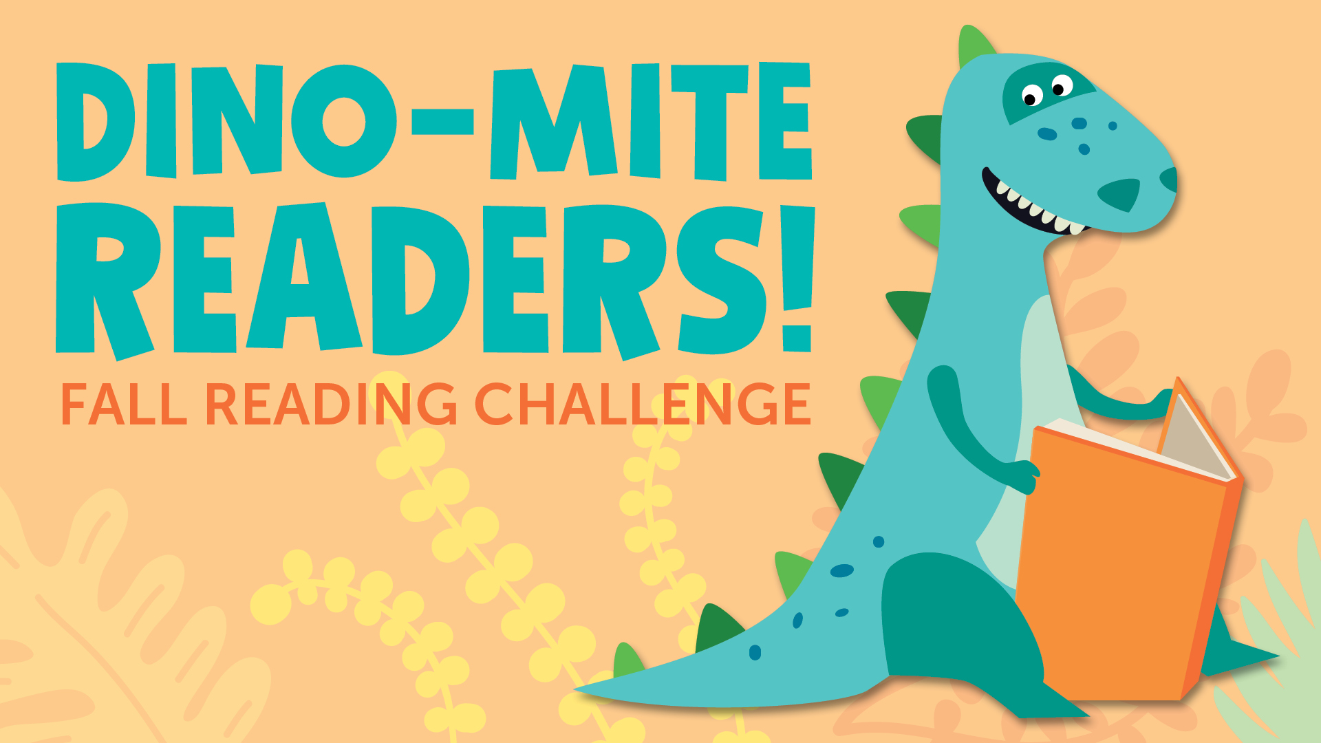 whimsical illustrated dinosaur reading a book with colorful background and fall reading challenge text