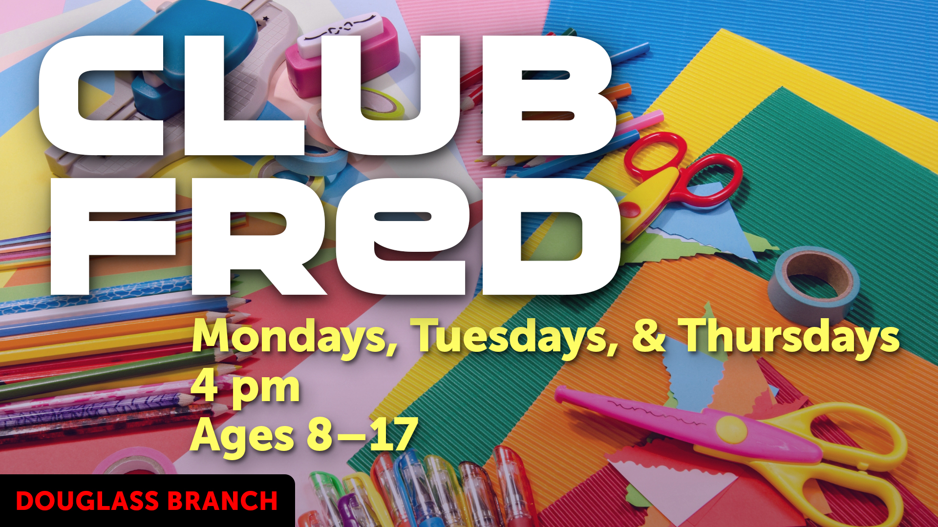 colorful craft supplies with event info text