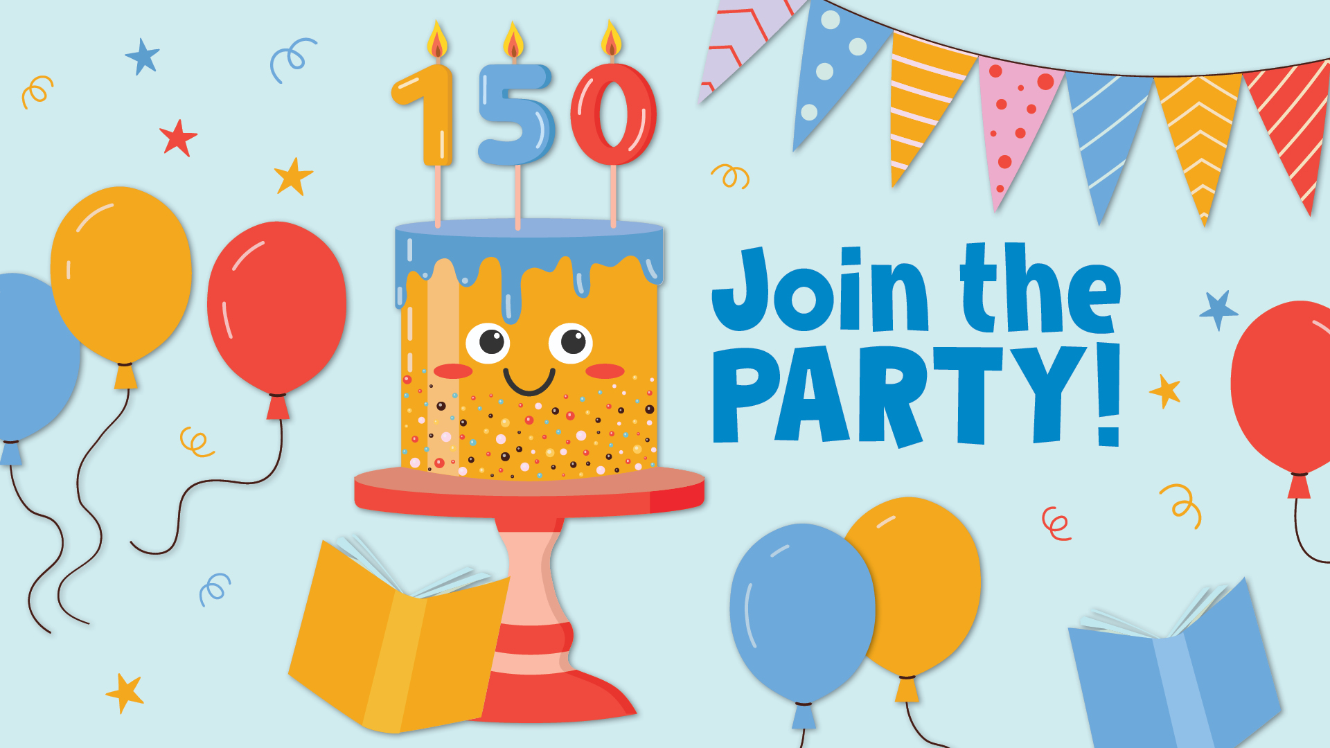 colorful whimsical illustration of smiling birthday cake and decorations with reading challenge text