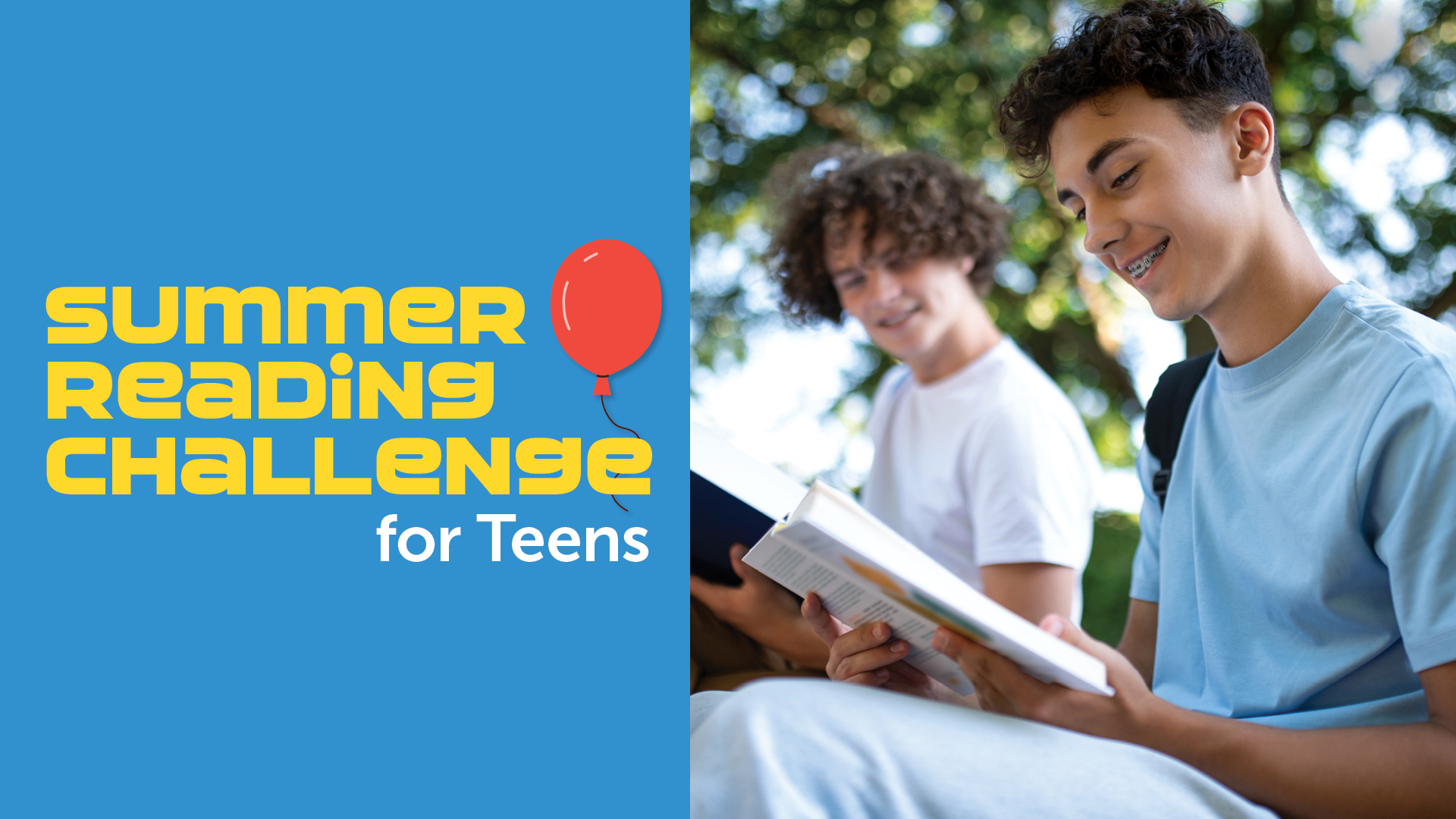 two teen boys reading outdoors with reading challenge text