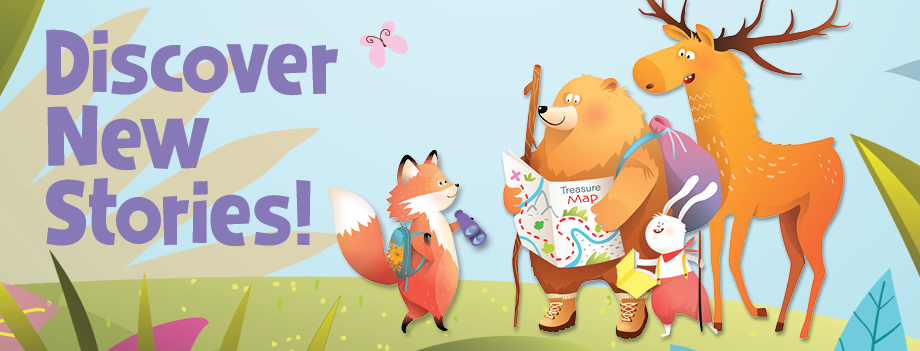 colorful whimsical forest animals on colorful forest background with "Discover New Stories!!" text