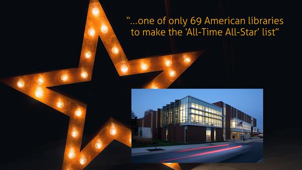 star shape lights, night facade of library, quoted words "one of only 69 American libraries to make the 'All-Time All-Star' list"