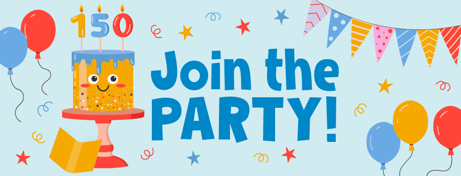 whimsical illustration of a birthday party with smiling cake, balloons, streamers, and "Join the PARTY" in bold text