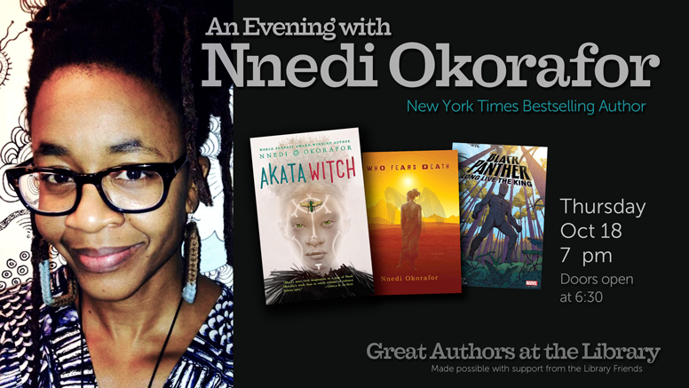 Nnedi Okorafor portrait, bookcovers