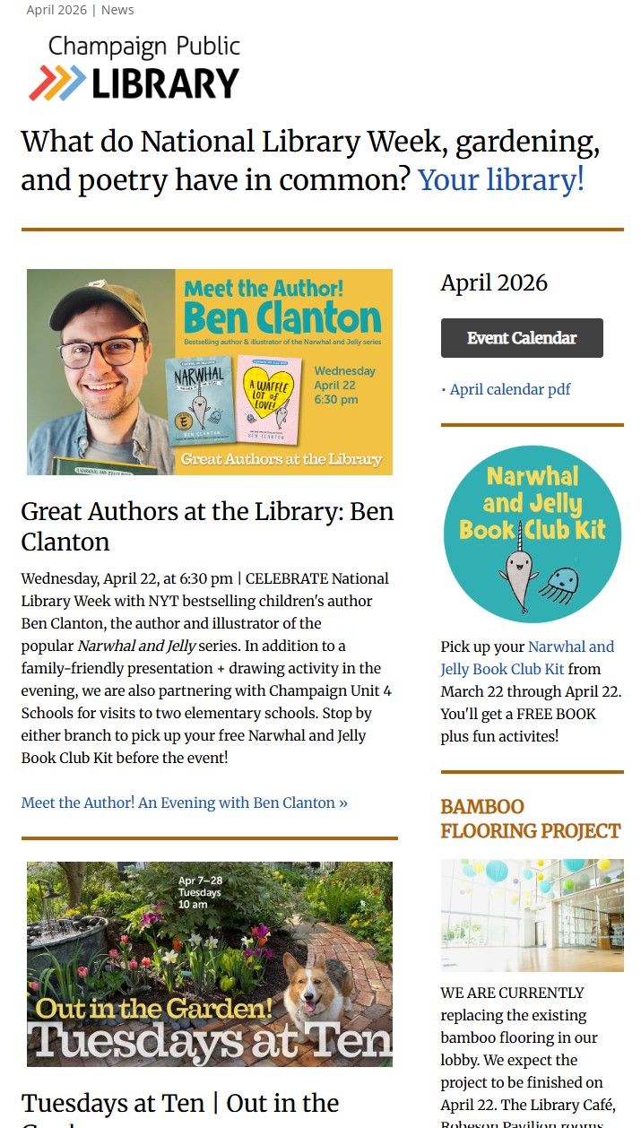 screenshot of April newsletter