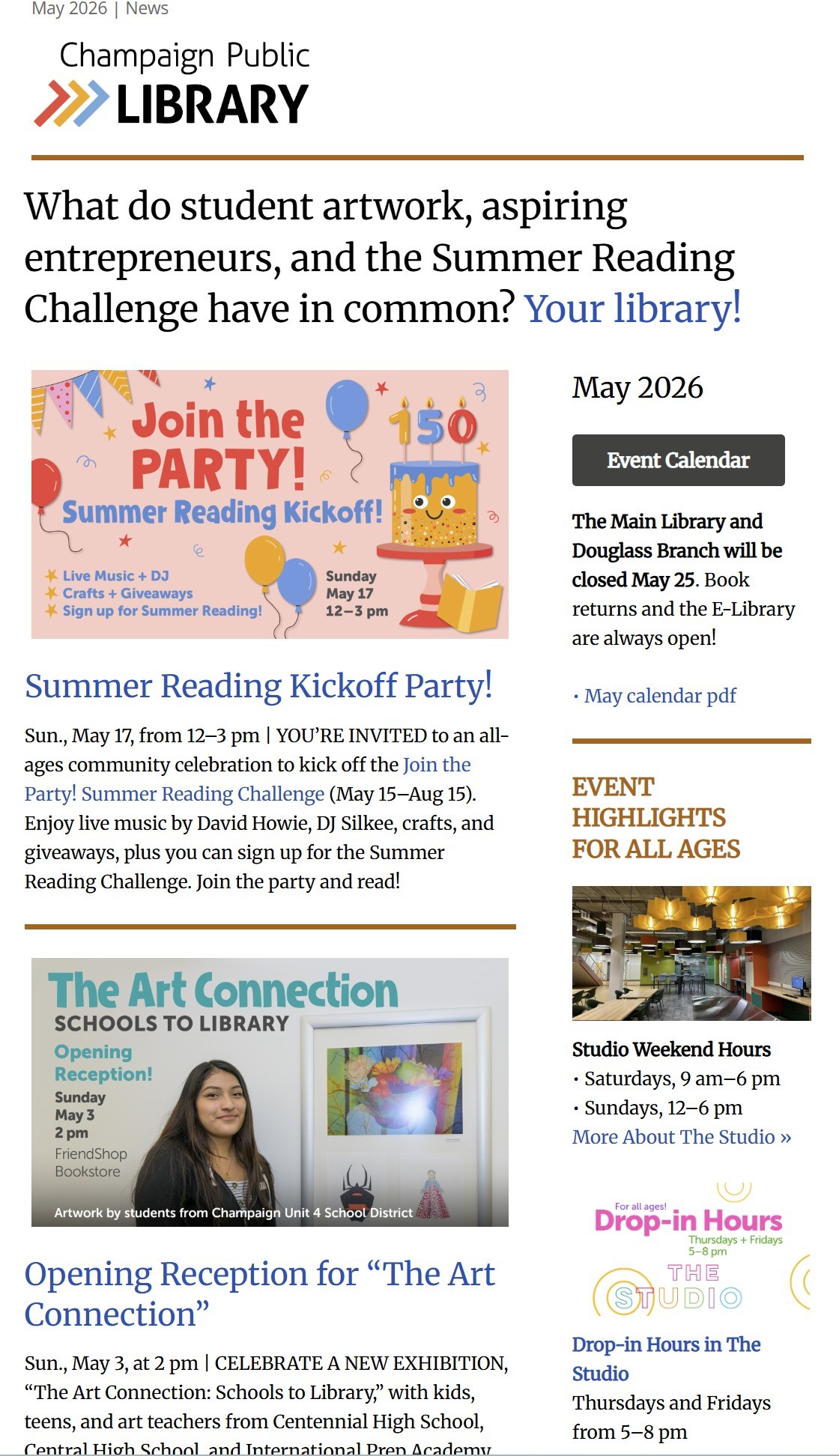 screenshot of May newsletter