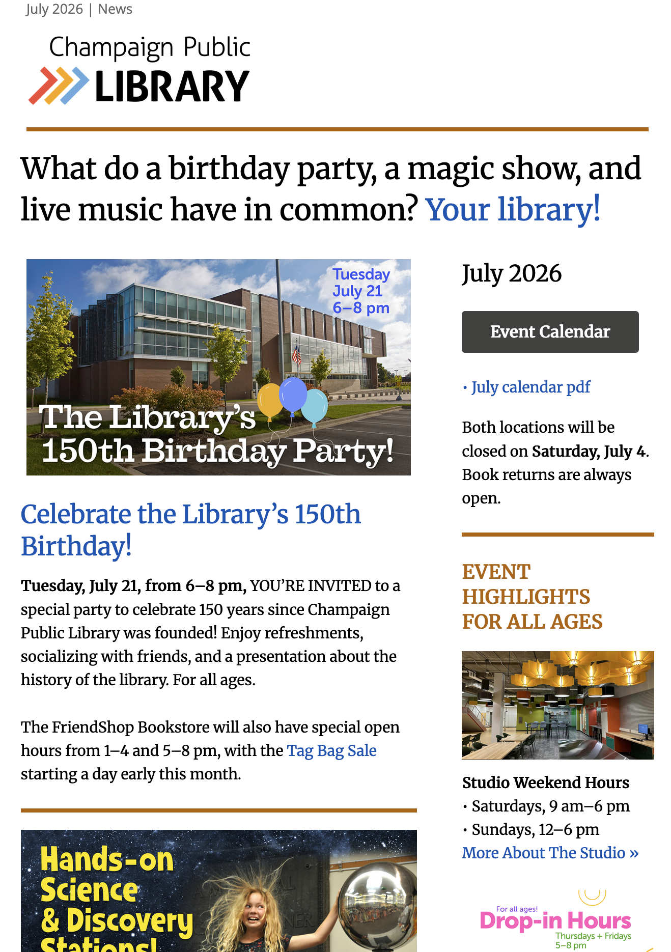 screenshot of July newsletter