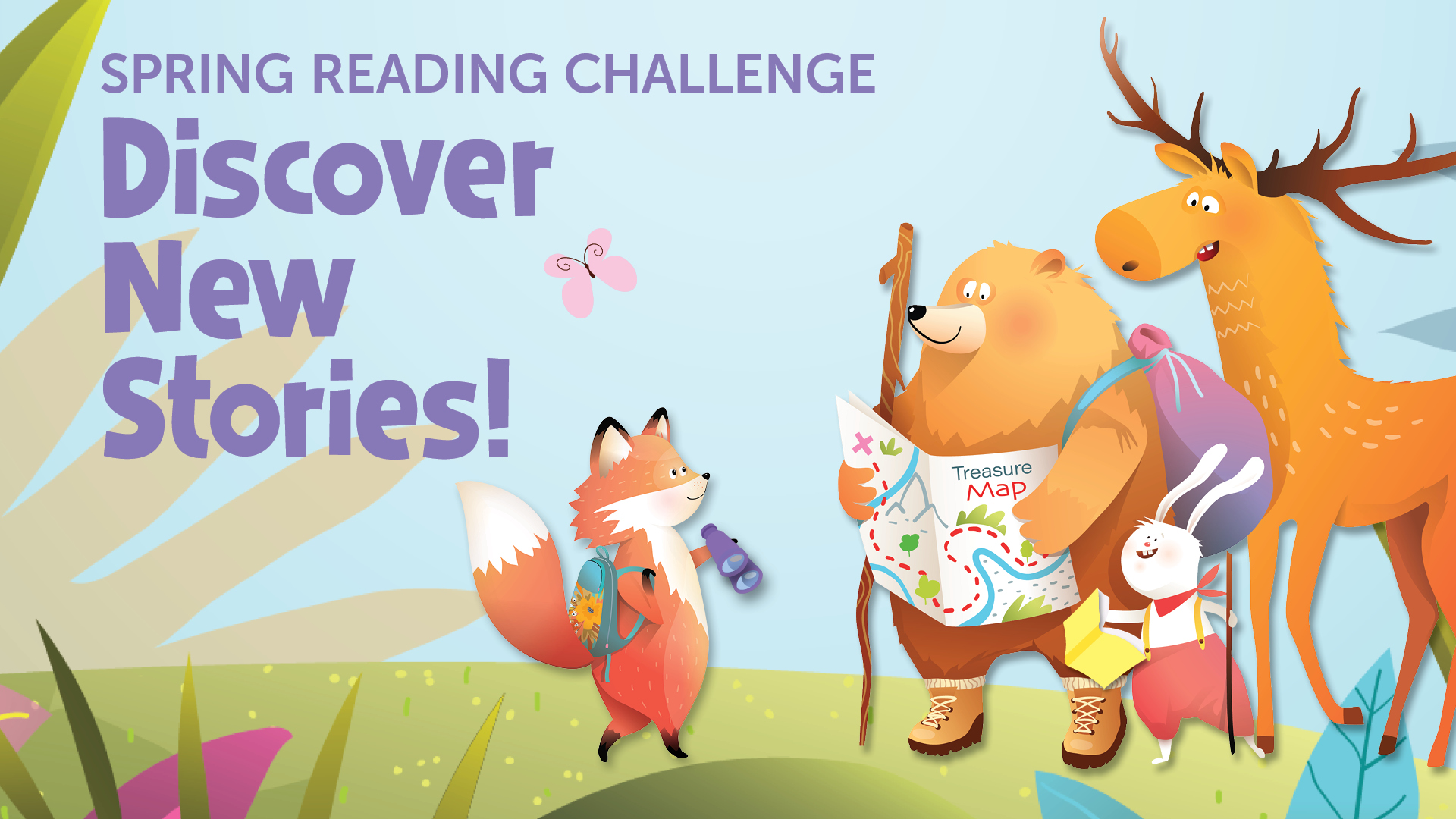 colorful whimsical illustration of forest animals on an adventure, with reading challenge text