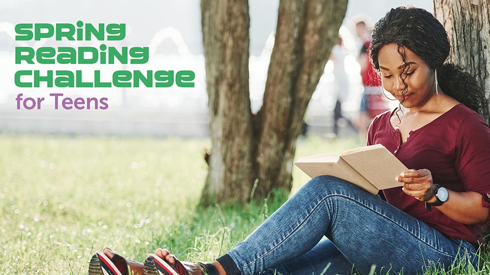 teen girl reading under a tree with reading challenge text